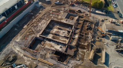 Fototapeta premium An aerial view of a large construction site, showing the foundation and initial framework of a new building
