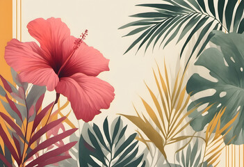 A vibrant floral pattern featuring large pink and red hibiscus flowers, orange blossoms, green palm leaves and green tropical leaves on a light background.