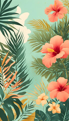 A vibrant floral pattern featuring large pink and red hibiscus flowers, orange blossoms, green palm leaves and green tropical leaves on a light background.