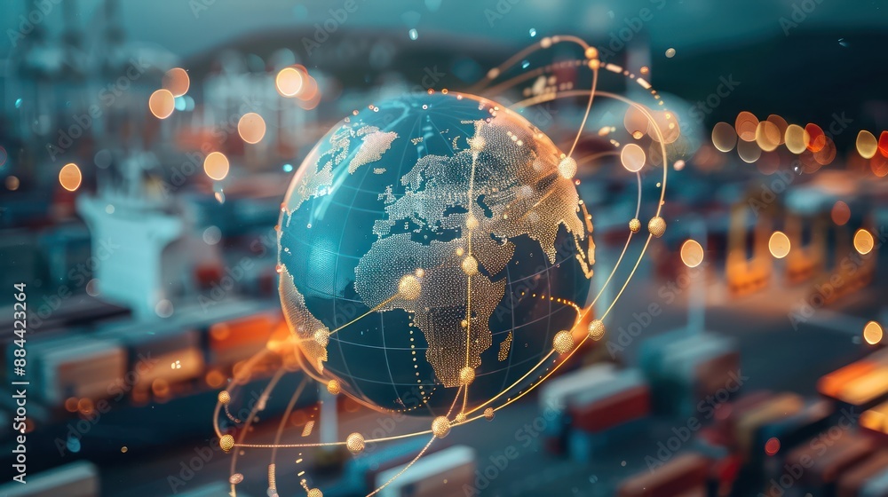 Poster globe with shipping routes and cargo icons representing global logistics.