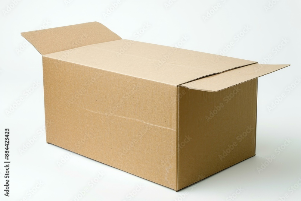 Poster empty cardboard box with flaps open, isolated on a clean white background