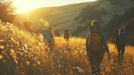 Family and friends hiking together in the mountains. sweaty walking in the beautiful American nature. fields and hills with grass Generative Ai image