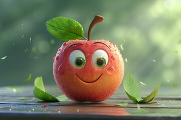 Cheerful animated apple character with fresh water droplets on a wooden surface amidst green leaves