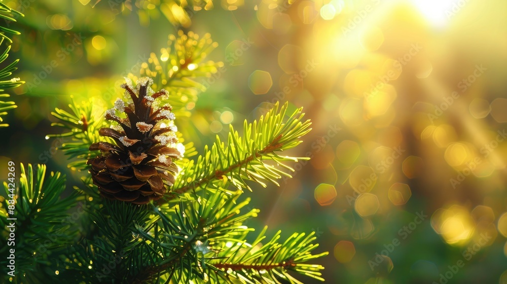 Poster sunlit forest scene with spruce cone covered in resin green fir branches in fresh morning light vert