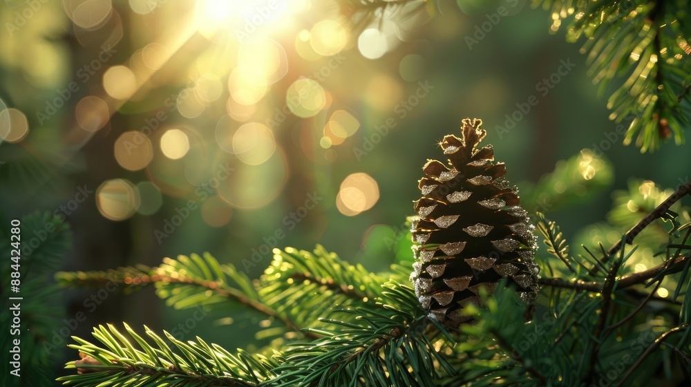 Poster sunlit forest scene with spruce cone covered in resin green fir branches in fresh morning light vert