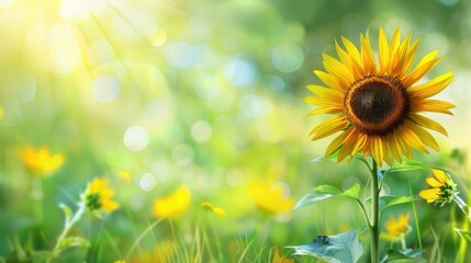 Obraz premium Sunflower in a green field summer scenery with wildflowers and garden themes Panoramic view with space for text and graphics