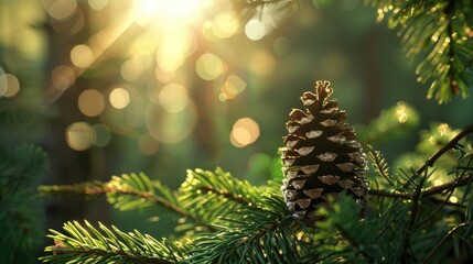 Sunlit forest scene with spruce cone covered in resin Green fir branches in fresh morning light Vertical picture with empty space