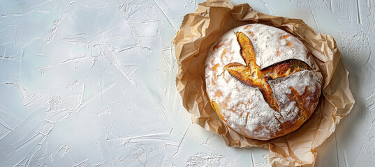 A freshly baked loaf of bread sits on a white surface, wrapped in brown paper. The crust is golden brown and the bread is slightly dusted with flour