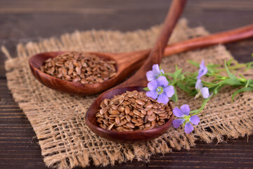 Flax seeds in wooden spoons. Close-up.Healthy food concept.
