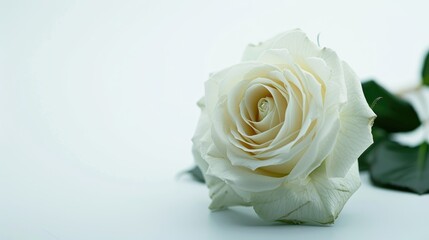 Symbol of pure love White rose on white background with text space