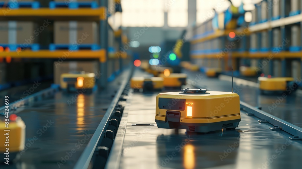 Poster warehouse robots sorting packages in a logistics facility.