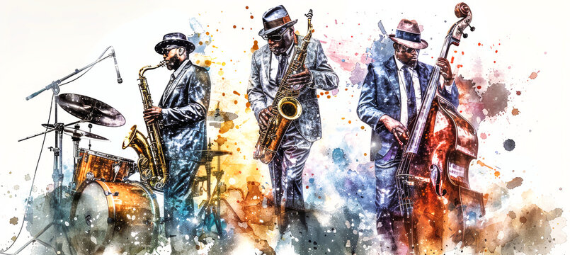 A watercolor painting of three jazz musicians playing their instruments on a stage