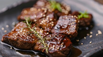 The national cuisine of Japan. Mini beef steaks with mirin in Japanese.