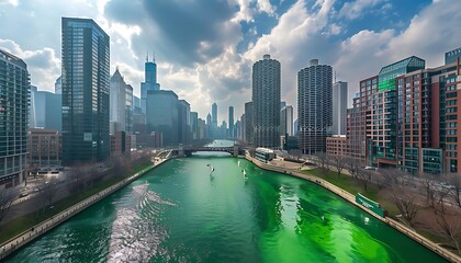 Fototapeta premium A river with green water and tall buildings with Chicago River in the background