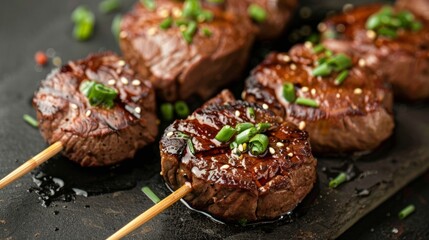 The national cuisine of Japan. Mini beef steaks with mirin in Japanese.