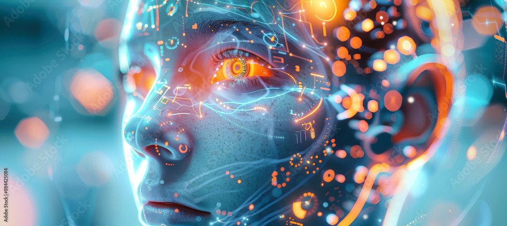 Poster a woman's face appears within a complex web of digital mechanisms and holographic data, signaling a 