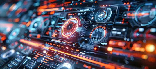 A 3D rendering showcases intricate digital mechanisms illuminated with holographic diagrams and graphs, revealing a futuristic control panel