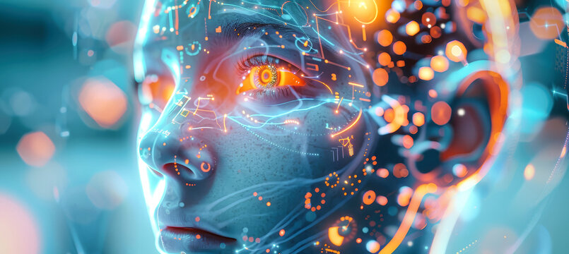 A woman's face appears within a complex web of digital mechanisms and holographic data, signaling a fusion of human and technological advancement