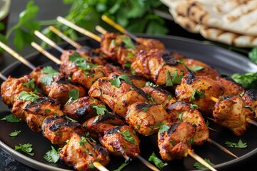 A close up view of grilled chicken skewers on a black plate garnished with parsley.