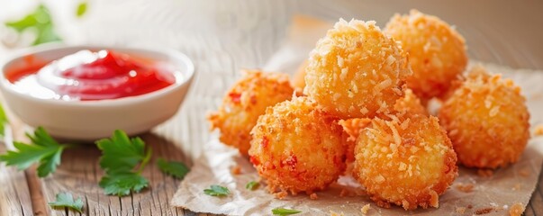 Closeup of crispy fried cheese balls with a side of ketchup.