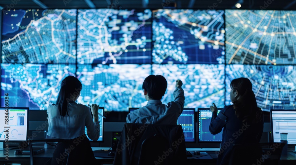 Poster logistics management team analyzing data on large monitors.
