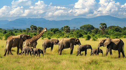 African Savanna with Elephants and Giraffe