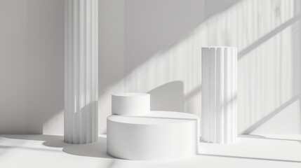 Fototapeta premium Stage with three white podiums and striped pillar as decoration on white background for presenting cosmetics gifts ads or displays