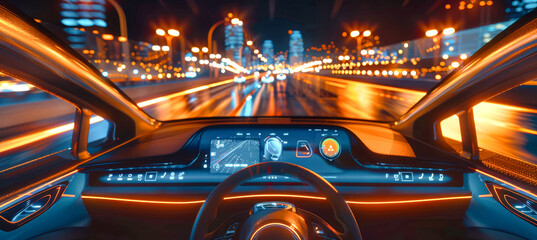 The interior of a sleek electric car with a holographic dashboard displaying traffic information and energy data, as it glides through city lights on a highway at night