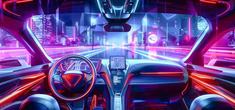 A driver's perspective from an electric car speeding through a futuristic city at night, illuminated by neon lights and holographic maps on the dashboard screen