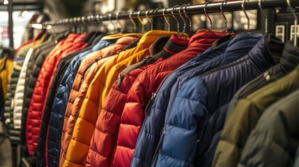 Obraz premium A rack of stylish, lightweight jackets in various colors, displayed in a trendy, modern store.