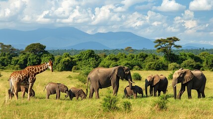 Obraz premium African Wildlife Safari: Elephants and Giraffe in a Lush Savanna Landscape