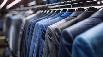 A rack of tailored suits in various shades of blue and grey, displayed in a high-end boutique setting.