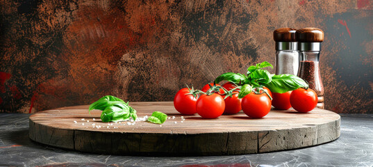 A rustic wooden table with tomatoes, basil, and seasoning shakers arranged in a still life composition