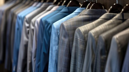 Obraz premium A rack of tailored suits in various shades of blue and grey, displayed in a high-end boutique setting.