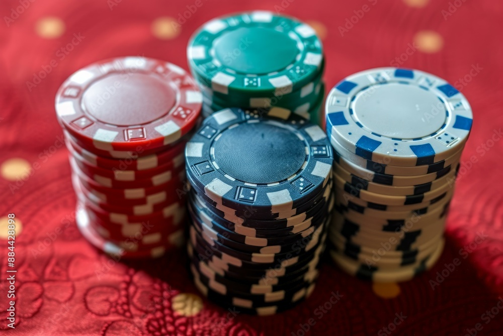 Poster closeup of mixed casino chips on a red textured background, symbolizing gambling and entertainment