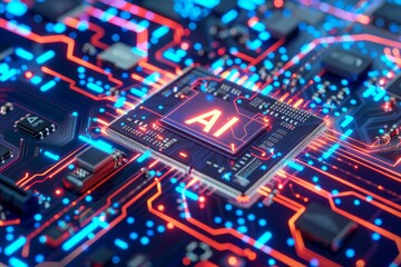 Fototapeta premium A close-up of a computer chip with the letters AI glowing brightly on the surface. The chip is set on a circuit board with bright red and blue lights.