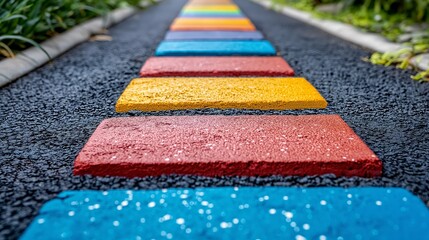 Colorful stepping stones on wet path