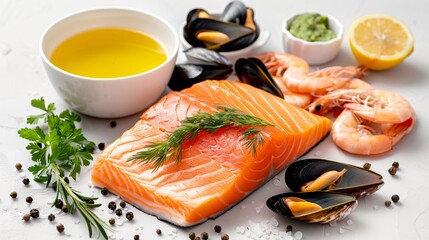 Fresh seafood including shrimp, salmon fillets, and mussels, laid out on a transparent background, emphasizing their natural colors and freshness.
