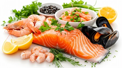 Fresh seafood including shrimp, salmon fillets, and mussels, laid out on a transparent background, emphasizing their natural colors and freshness.