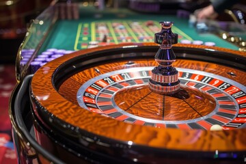 Closeup of a roulette wheel with casino chips in the background, capturing the thrill of gambling