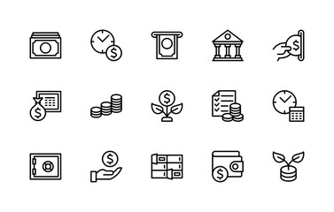 Money savings and finance vector linear icons set. Isolated icon collection such as money, currency, bill, pack, time and more.