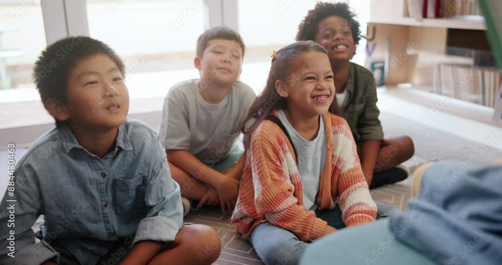 Aufkleber teacher, students and storytelling in classroom together for educational development, group learning