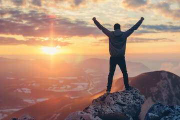 Obraz premium Man celebrating on a mountain peak at sunrise, symbolizing victory, achievement, and success