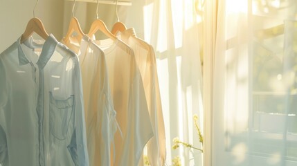 Light background dry cleaned clothes hanging on a rack