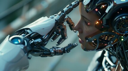 Fototapeta premium A Cyborg Woman Receives a Gentle Touch From a Robotic Hand