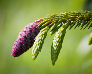 Branch of a pine tree with spring purple cone