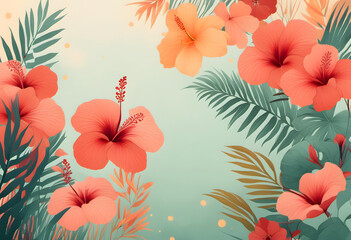 Obraz premium A vibrant floral pattern featuring large pink and red hibiscus flowers, orange blossoms, green palm leaves and green tropical leaves on a light background.