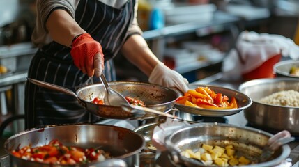 A Cook Prepares Food in a Busy Kitchen With Red Peppers and Other Dishes