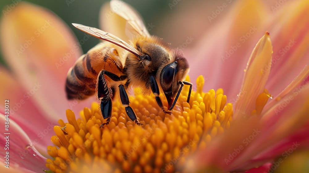 Poster a macro shot of a honeybee pollinating a flower.