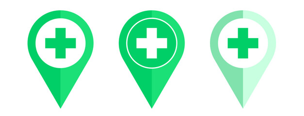 pharmacy map pin green cross location pointer icon drug store sign pharma pinpoint clinic vector